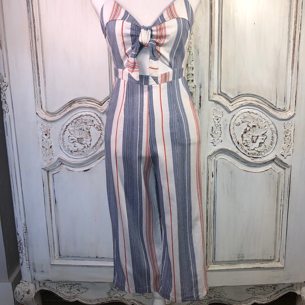 Iris Rayon Blend Red, White, and Blue Stripe Cut Out Jumpsuit Size Small